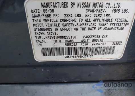 2008 Infiniti G35X z USA, uszkodzony, nr VIN JNKBV61F08M276150